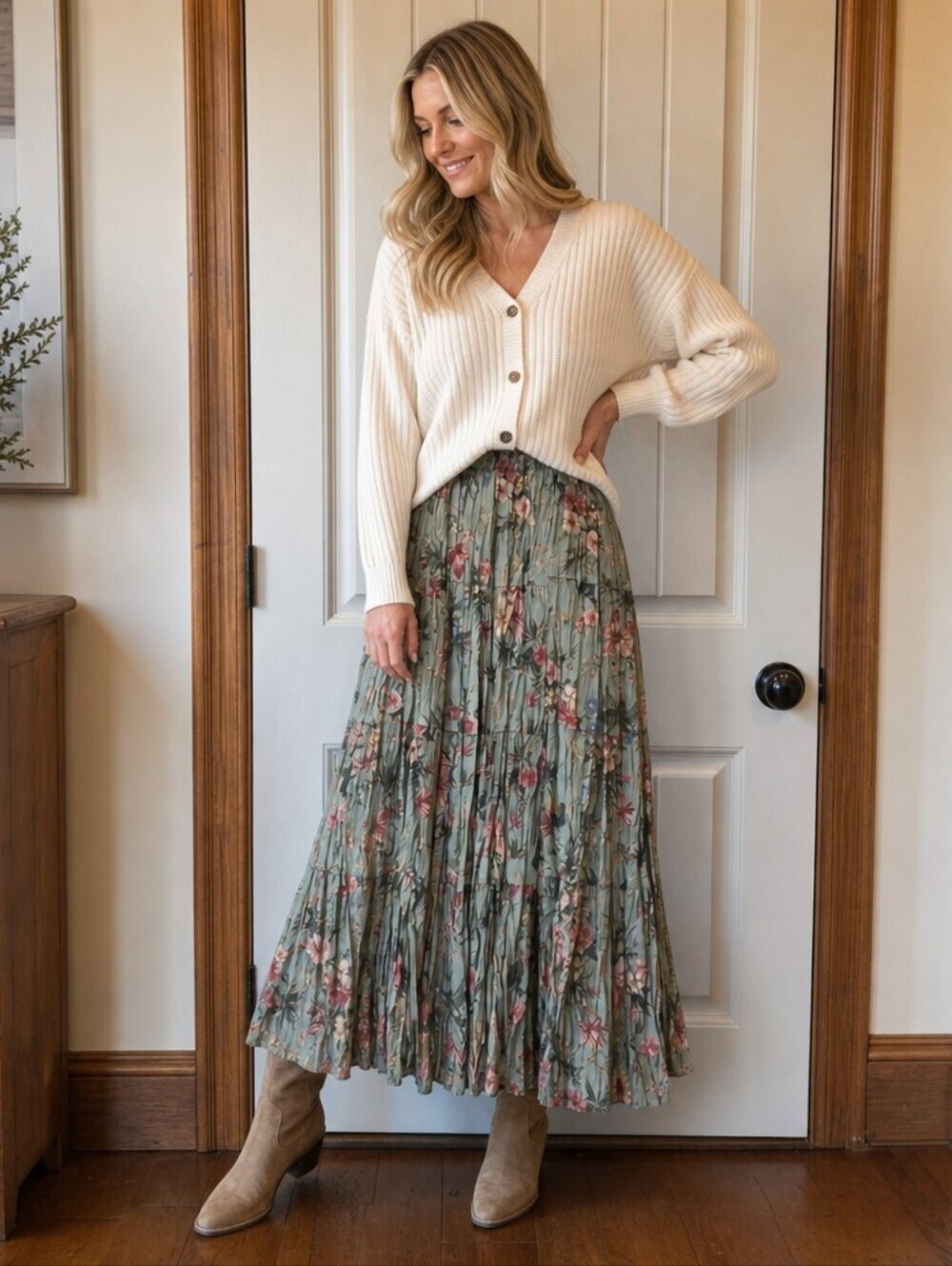 Country Classics by Koret Vintage Floral Broomstick Maxi Skirt 2X NWT Olive Boho